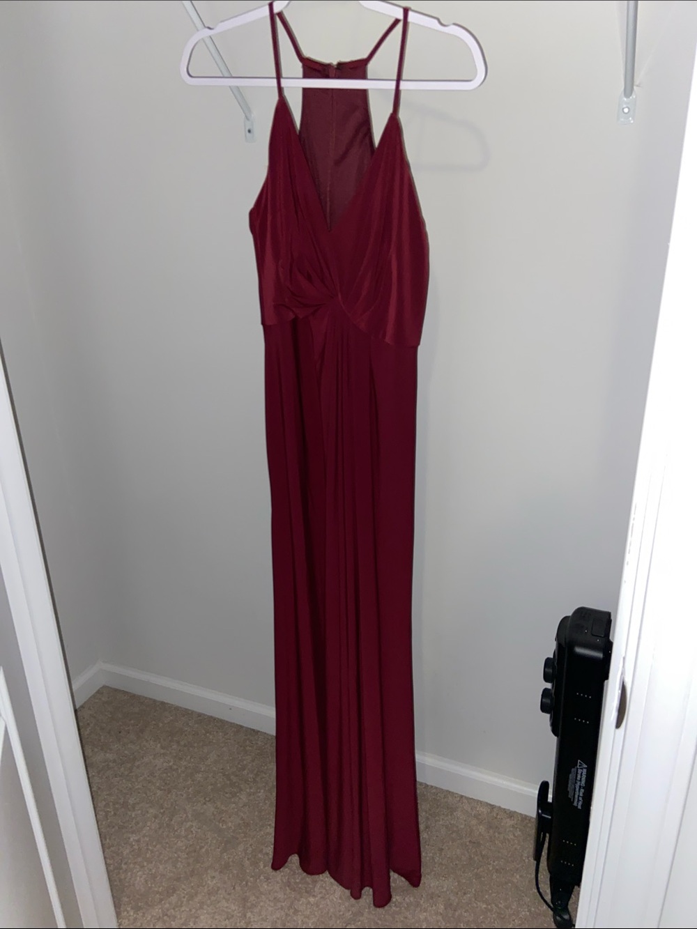 David's Bridal Wine Red Maxi Dress with Twist Front and Spaghetti Straps